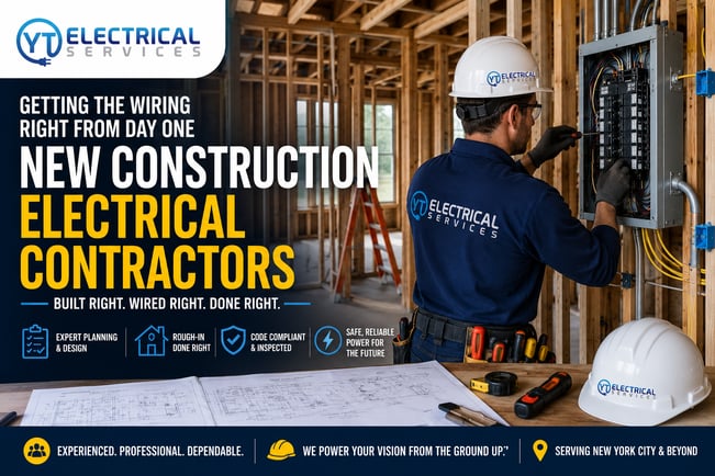 Licensed electrician installing electrical wiring and breaker panel in a new construction building with the YT Electrical Services logo, providing professional new construction electrical contractor services.