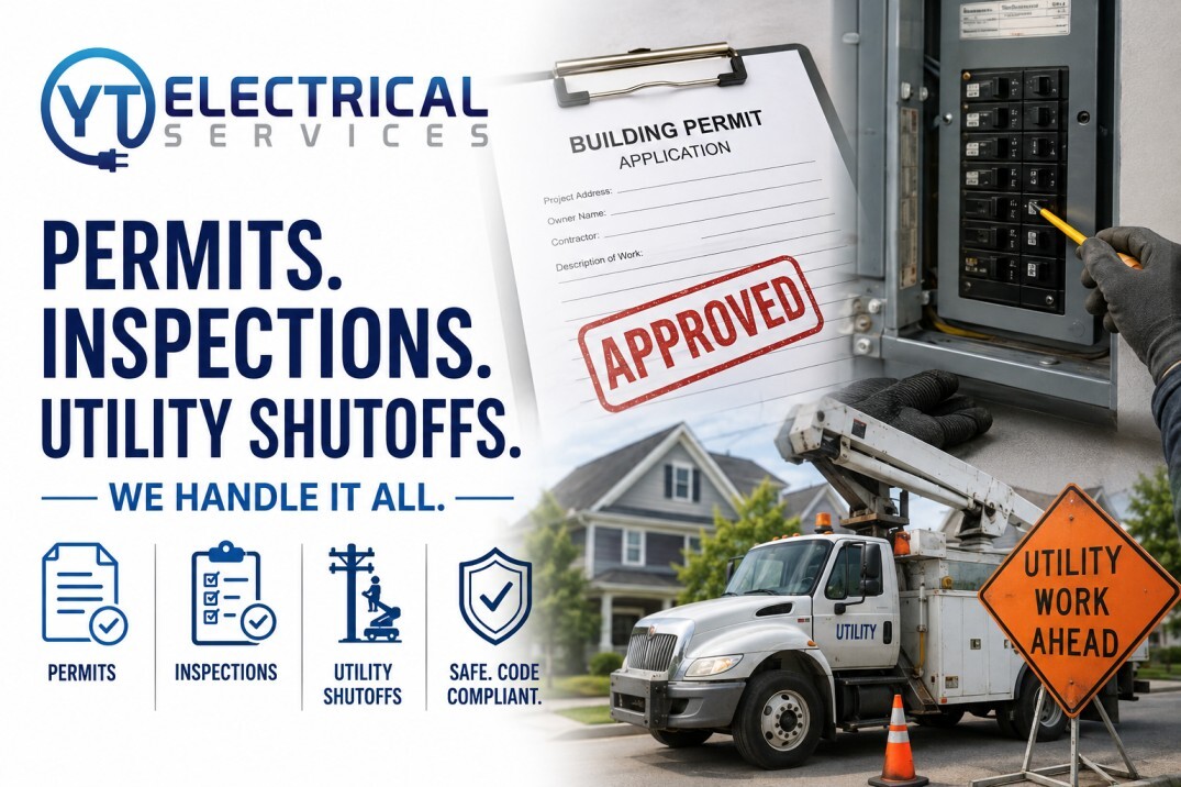 YT Electrical Services Inc. banner featuring electrical permits, inspections, utility shutoffs, and code-compliant electrical work in New Jersey.